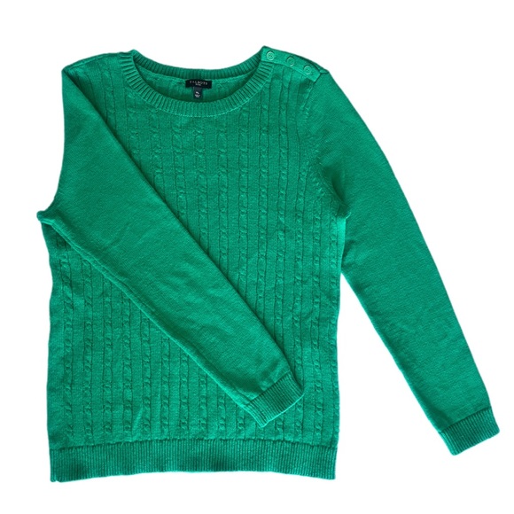 TALBOTS Green Cable Knit One Shoulder Button Pullover Sweater Petite Medium - Picture 3 of 9